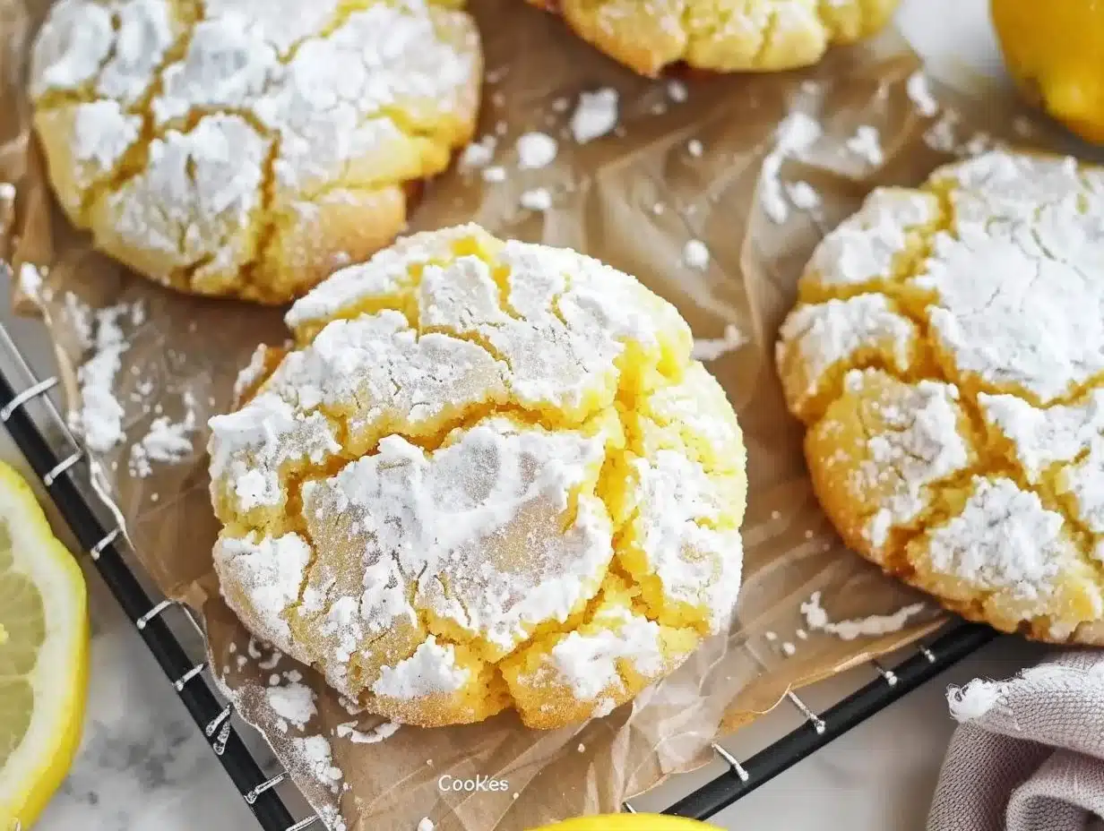 Freshly baked Lemon Crinkle Cookies dusted with powdered sugar on a plate.