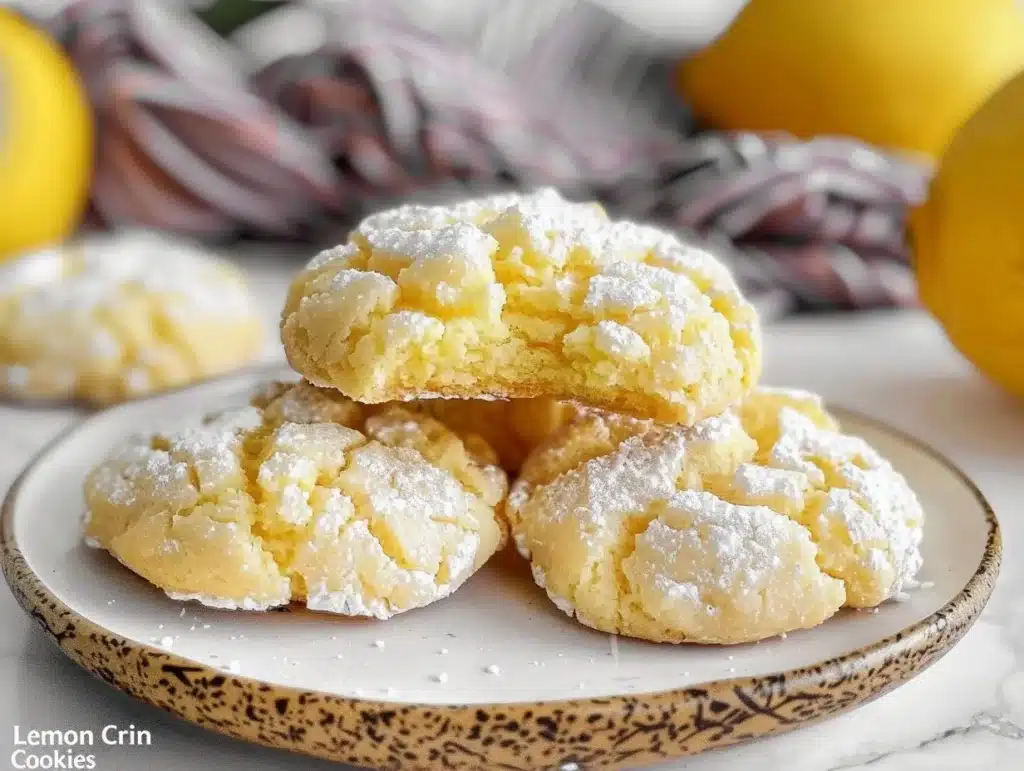 Freshly baked lemon crinkle cookies dusted with powdered sugar