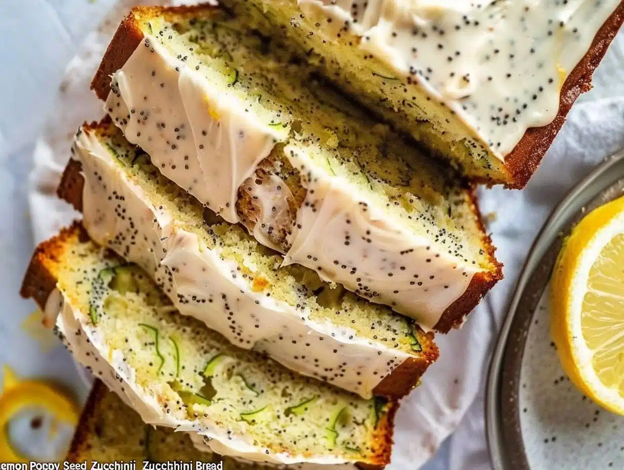 Slice of Lemon Poppy Seed Zucchini Bread on a wooden table