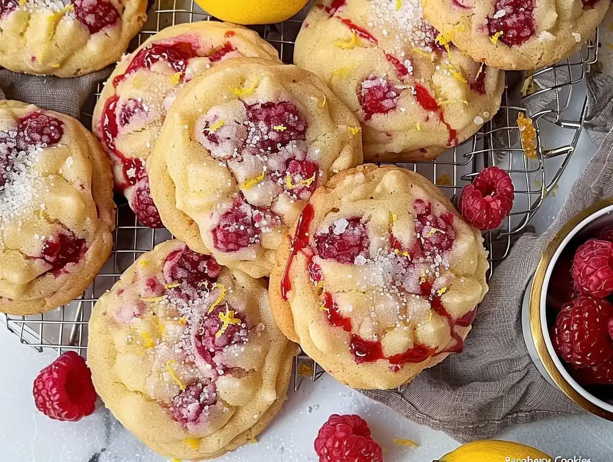 Delicious Lemon Raspberry Cookies on a white plate with fresh raspberries and lemon zest.