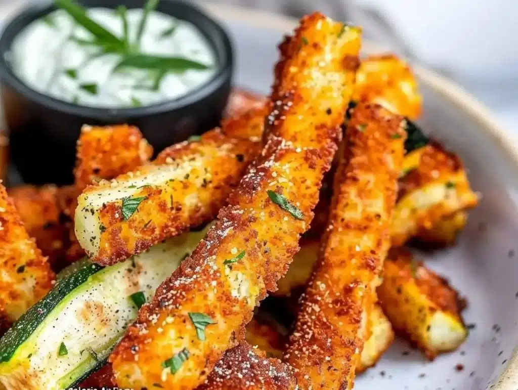 Crispy low calorie air fryer zucchini fries served in a bowl