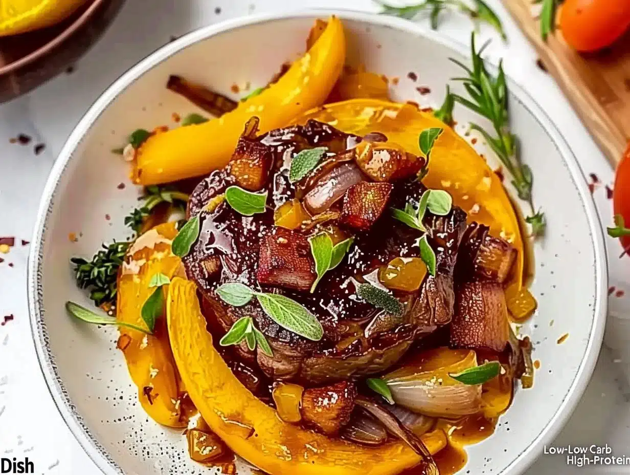 A flavorful low-carb high-protein dish plated attractively for a healthy meal.