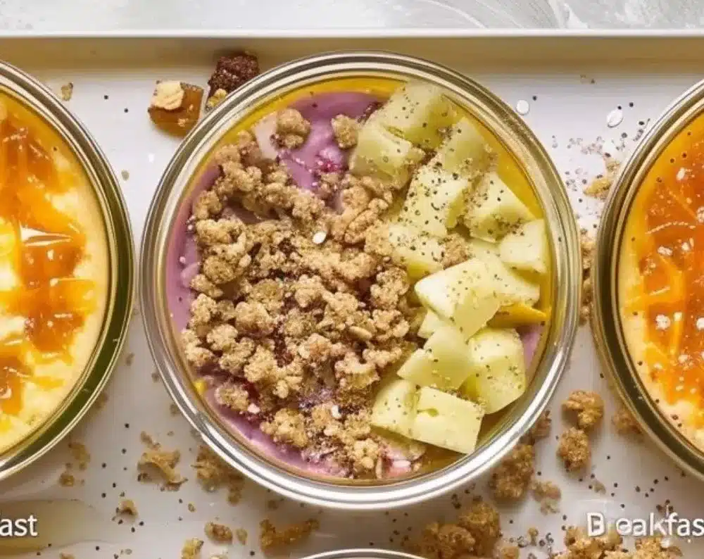 Colorful meal prep breakfast bowls with healthy ingredients in assorted containers