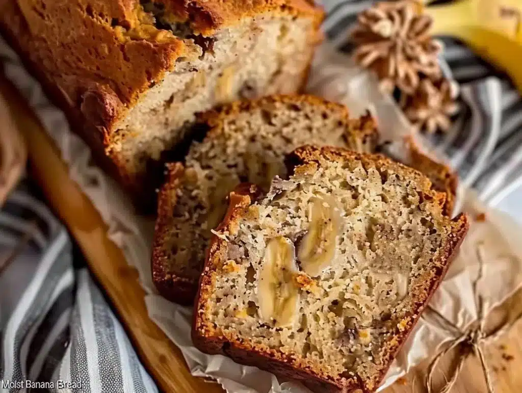 Loaf of moist banana bread sliced and served on a wooden cutting board