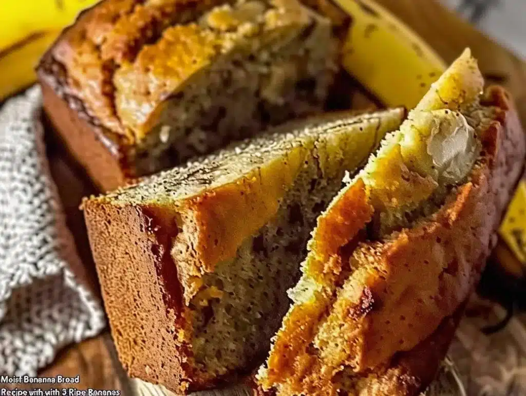 Moist banana bread made with 3 ripe bananas, fresh out of the oven.