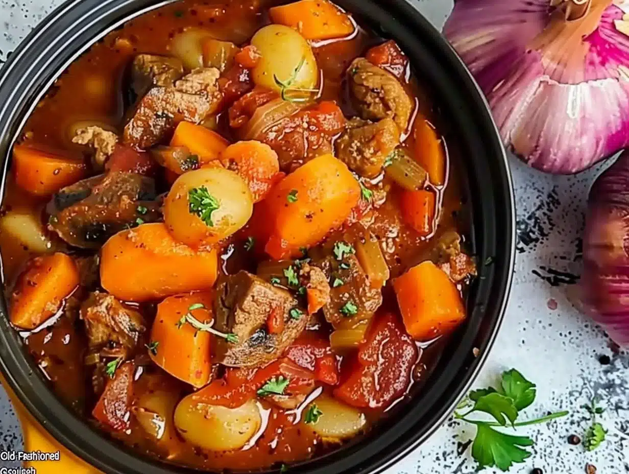 A hearty bowl of old-fashioned goulash with pasta and beef