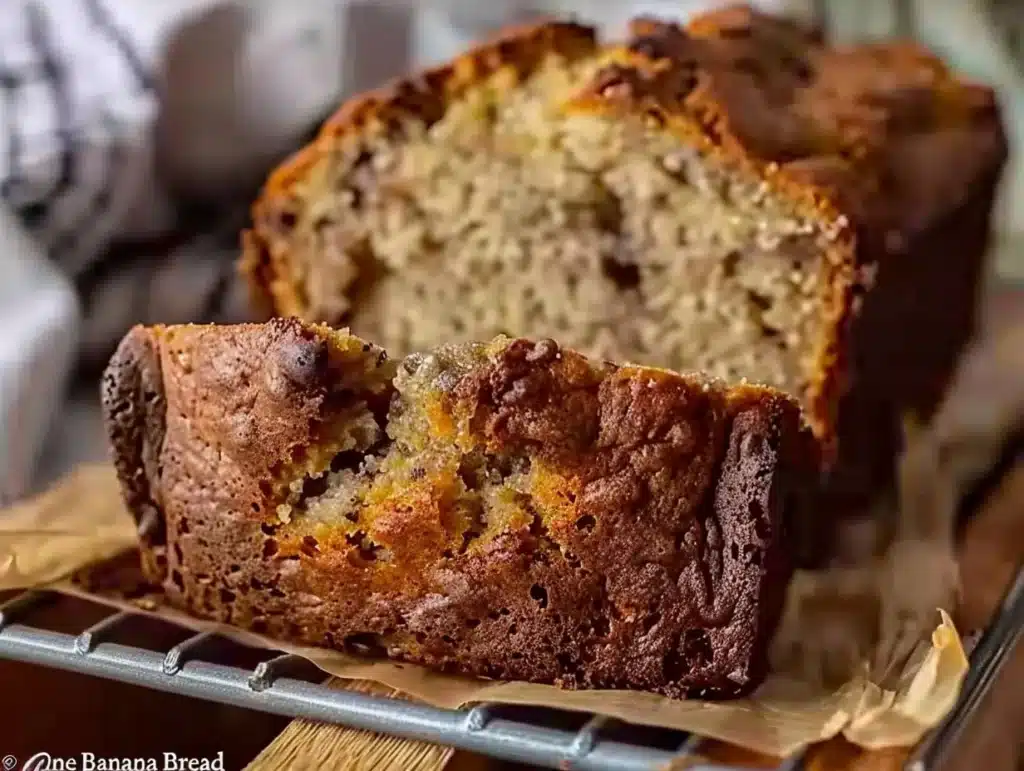 Freshly baked one bowl banana bread on a wooden table
