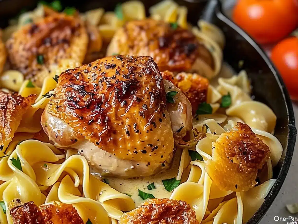 One-Pan Chicken served with Buttered Noodles in a skillet