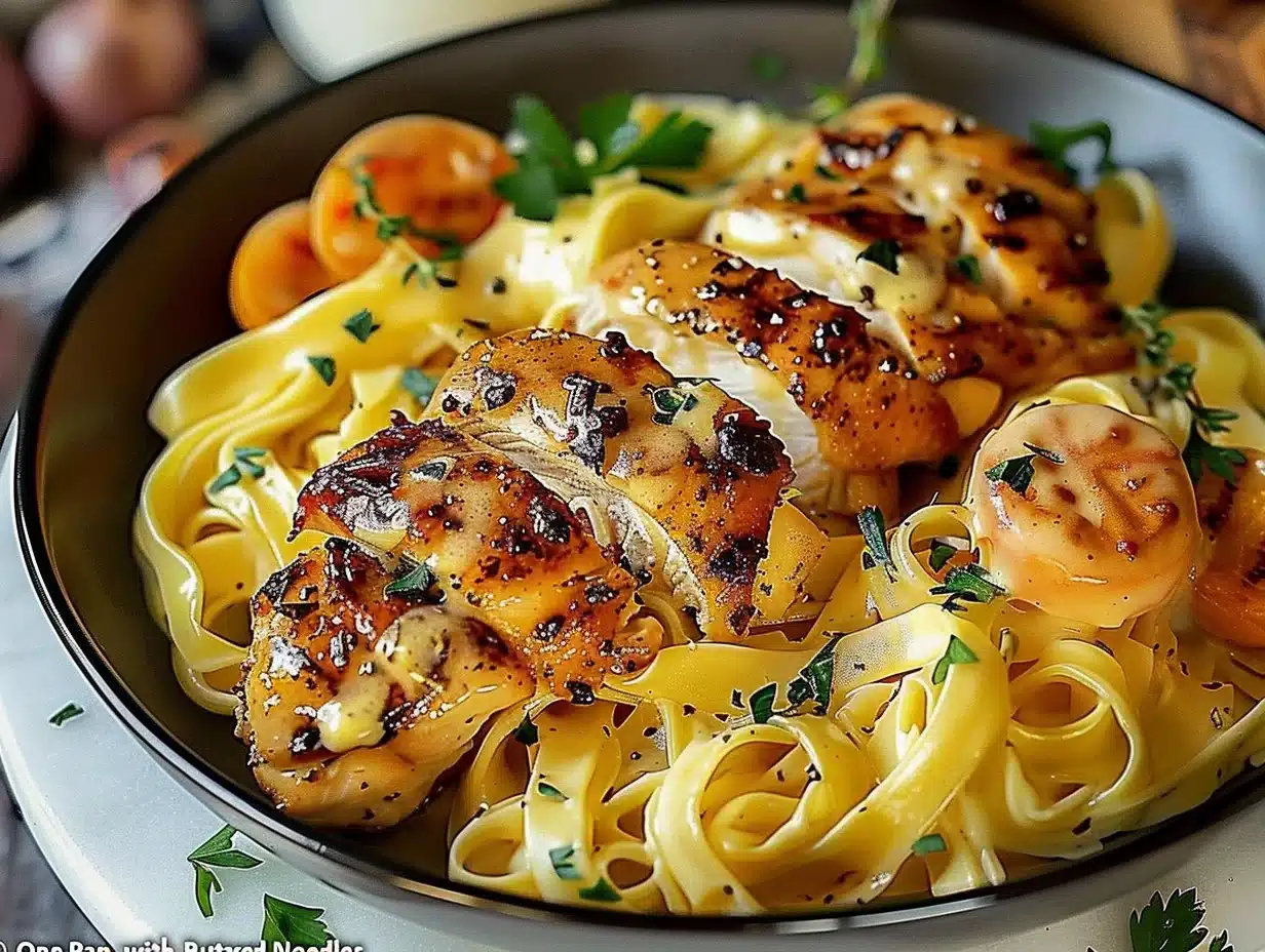 One-Pan Chicken with Buttered Noodles served in a skillet