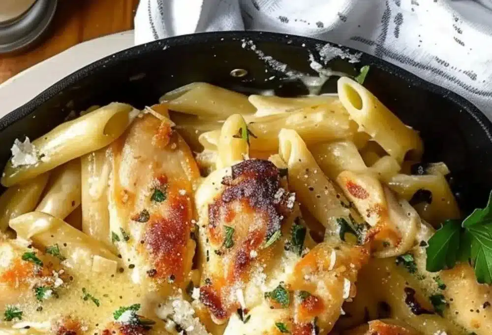 One Pan Garlic Parmesan Chicken Pasta served in a bowl with herbs.