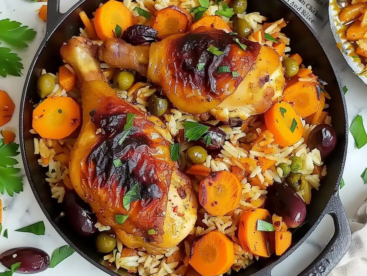 Delicious One Pan Mediterranean Chicken and Rice dish with vibrant vegetables