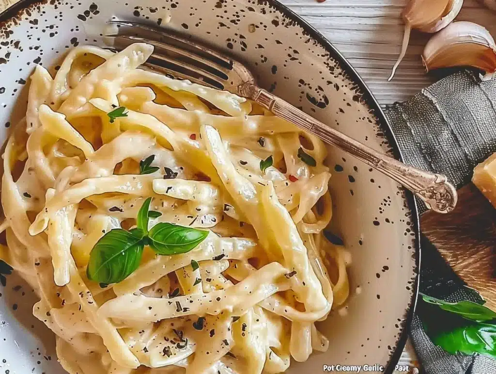 Delicious one pot creamy garlic pasta with a rich, savory sauce