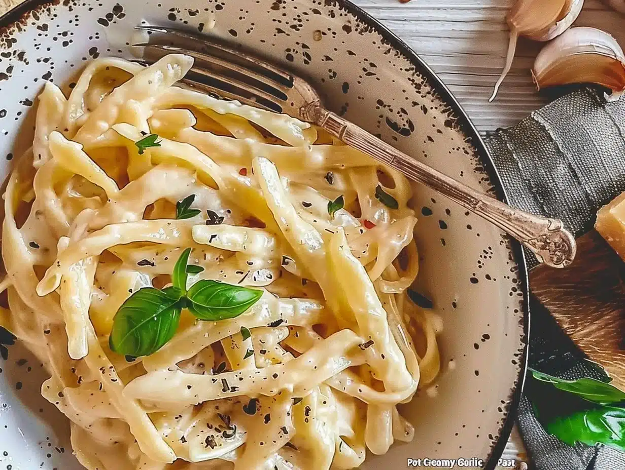 Delicious one pot creamy garlic pasta with a rich, savory sauce