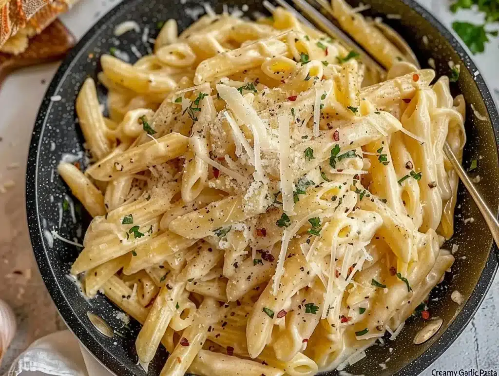 One Pot Creamy Garlic Pasta in a skillet garnished with herbs and parmesan