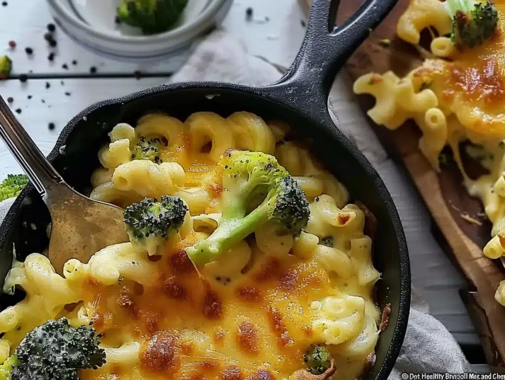 One pot healthy broccoli mac and cheese with creamy sauce and fresh broccoli