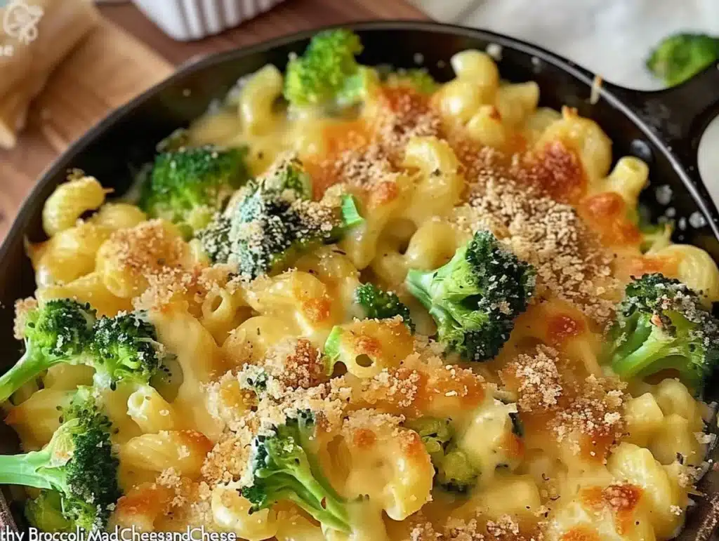 One Pot Healthy Broccoli Mac and Cheese in a creamy cheese sauce with broccoli