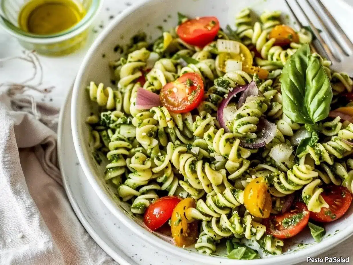 Pesto Pasta Salad 1 Delicious pesto pasta salad with fresh vegetables and herbs