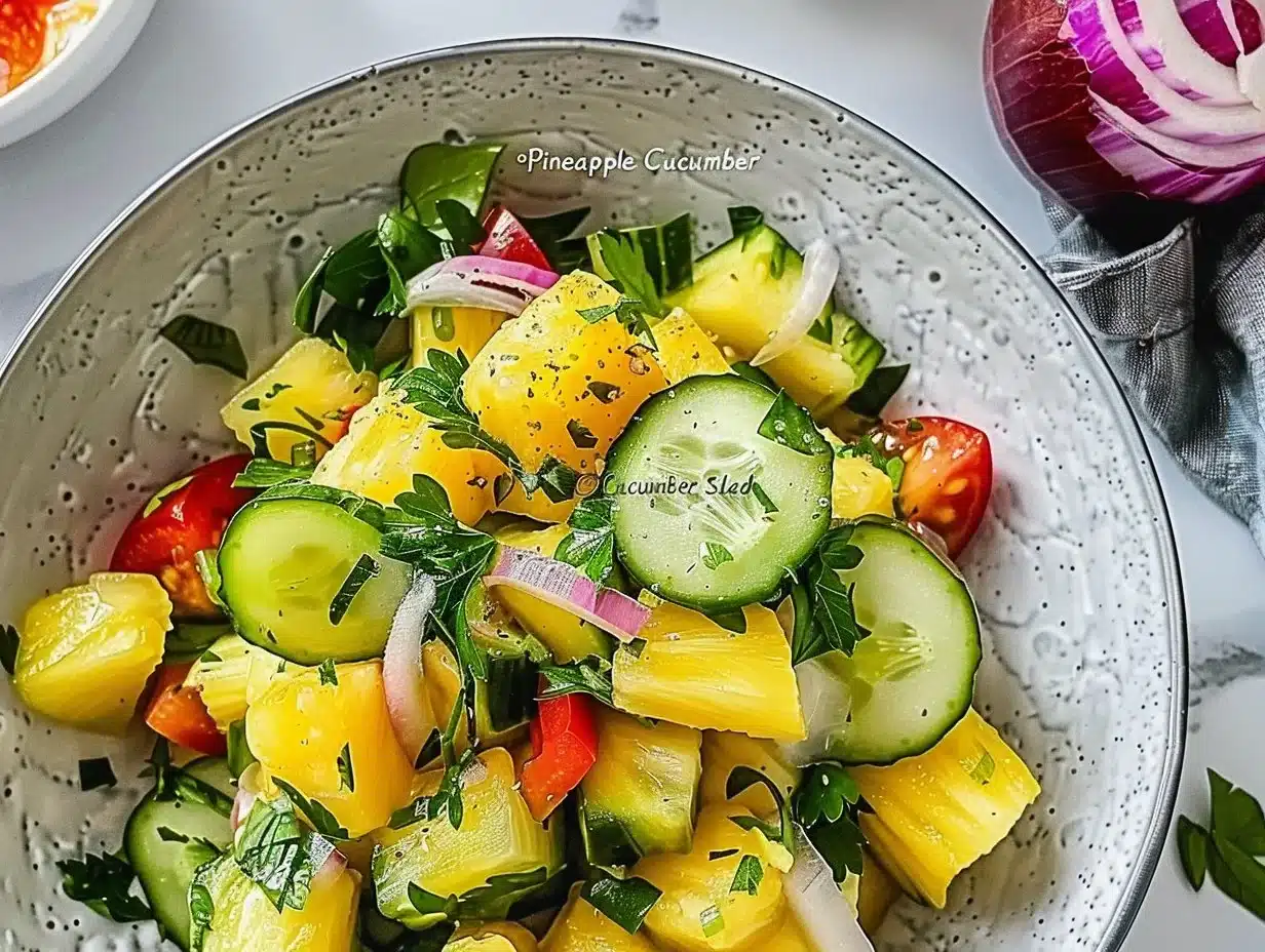 Pineapple Cucumber Salad 1 Delicious pineapple cucumber salad served in a bowl with fresh ingredients.