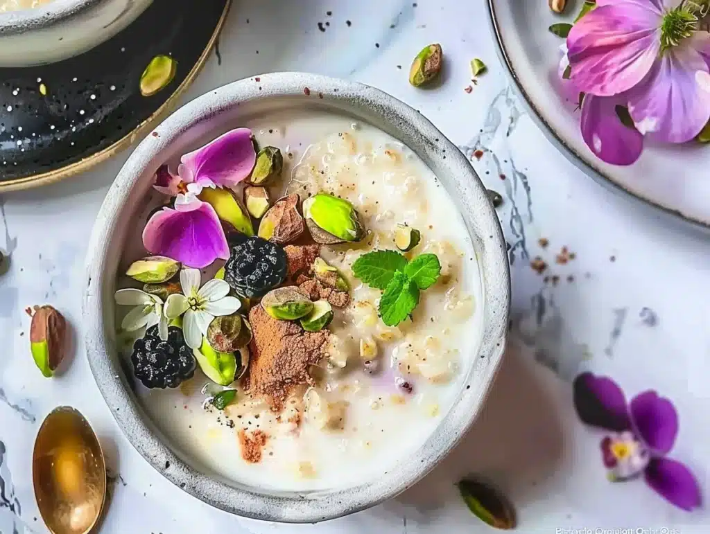 Bowl of delicious pistachio overnight oats topped with nuts and fruits.