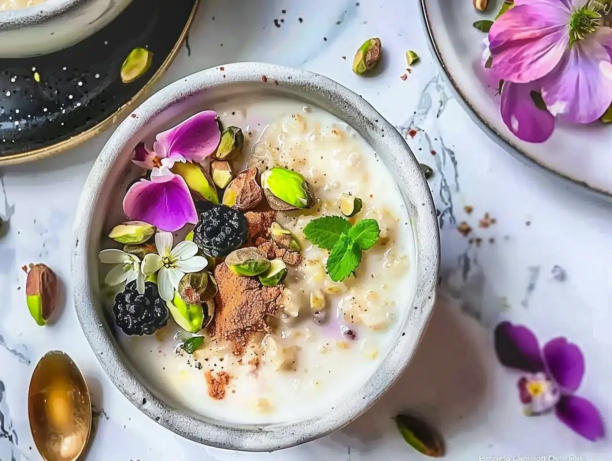 Pistachio Overnight Oats 1 Bowl of delicious pistachio overnight oats topped with nuts and fruits.