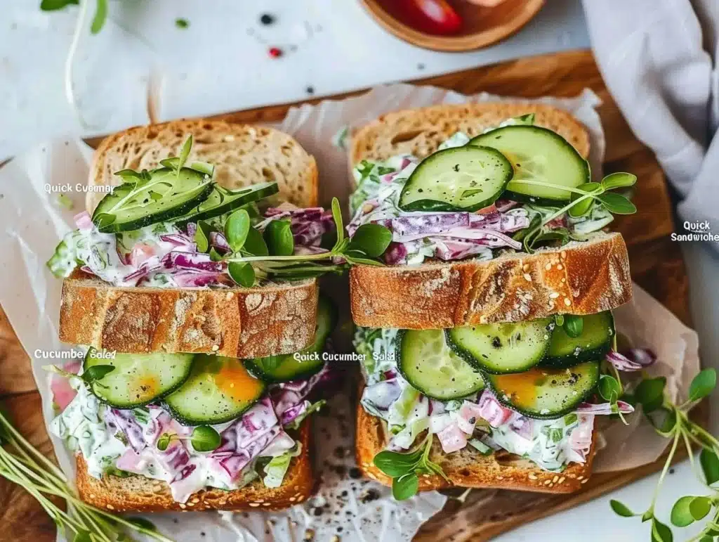 Quick cucumber salad sandwiches on a plate garnished with fresh herbs