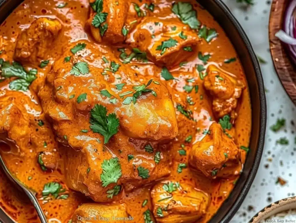 Homemade butter chicken served with rice and naan bread