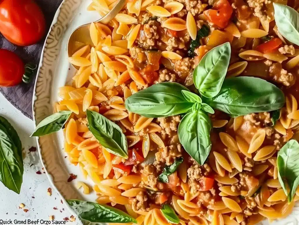 Quick ground beef orzo with tomato cream sauce served in a bowl