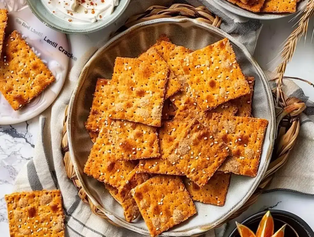 Crunchy red lentil crackers on a wooden serving platter