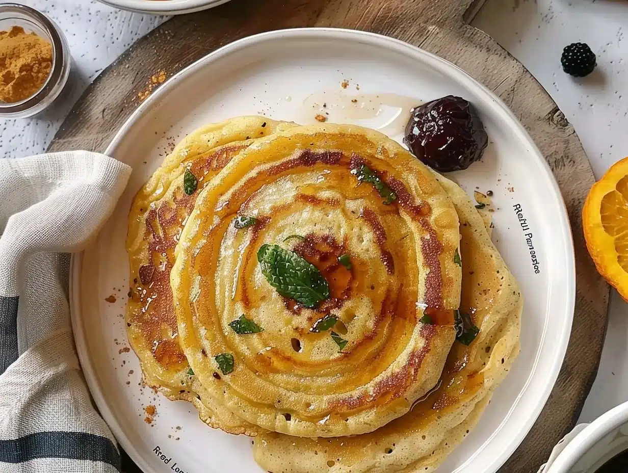 Plate of golden brown red lentil pancakes served with toppings