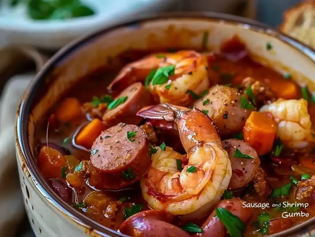 Delicious Sausage and Shrimp Gumbo served in a bowl, capturing the essence of Louisiana cuisine.