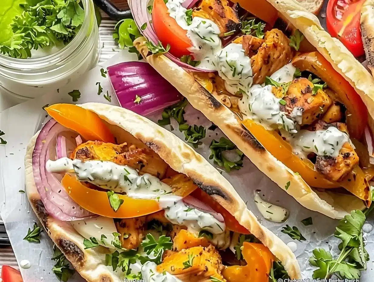 Sheet Pan Chicken Pitas with Herby Ranch 1 Sheet pan chicken pitas with herby ranch served on a plate