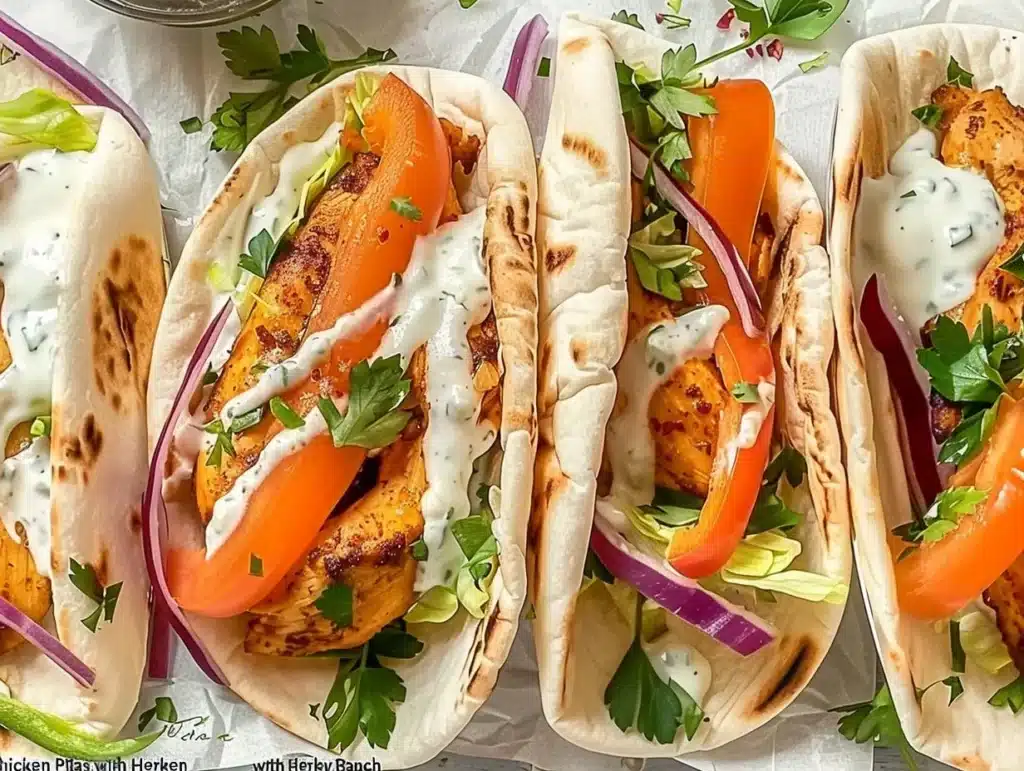 Sheet pan chicken pitas with herby ranch sauce and fresh vegetables