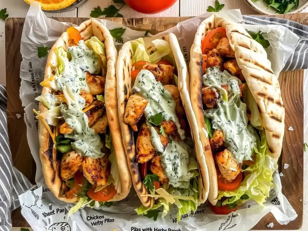 Sheet pan chicken pitas topped with herby ranch sauce and fresh vegetables