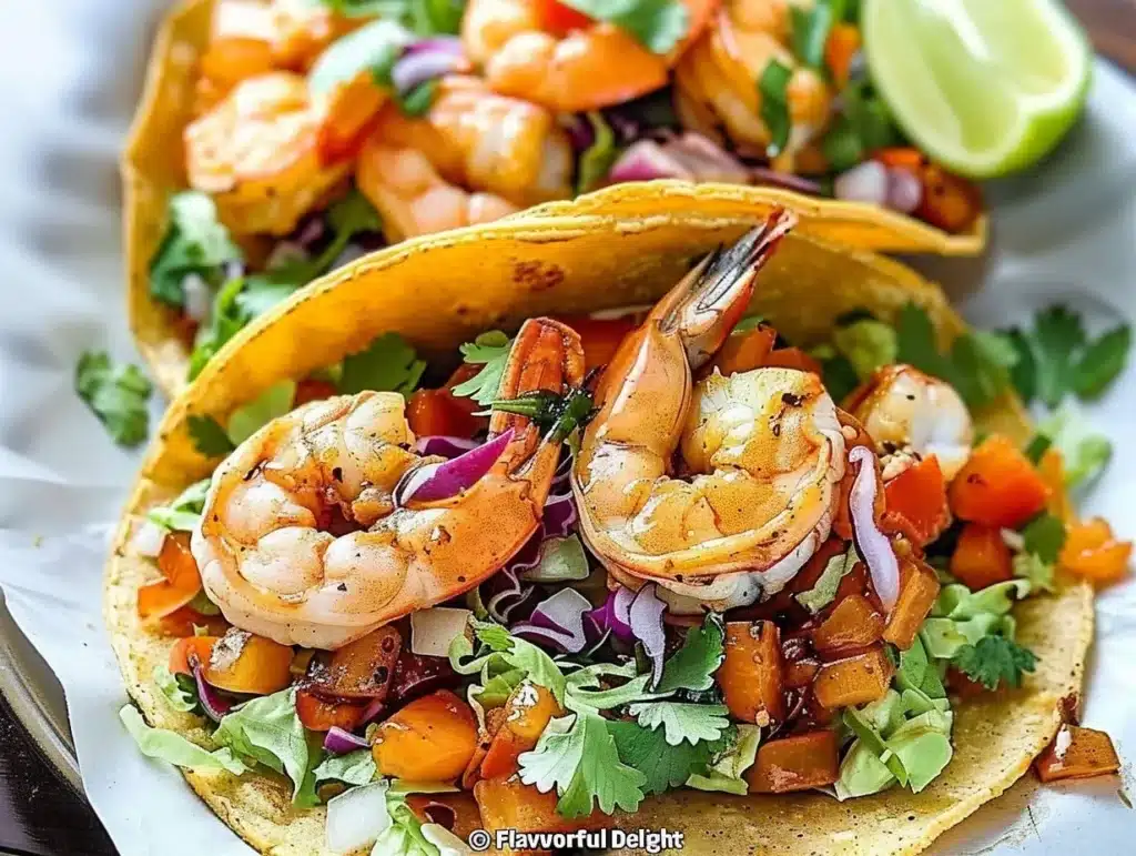 Delicious shrimp tacos topped with fresh ingredients and served in soft tortillas.