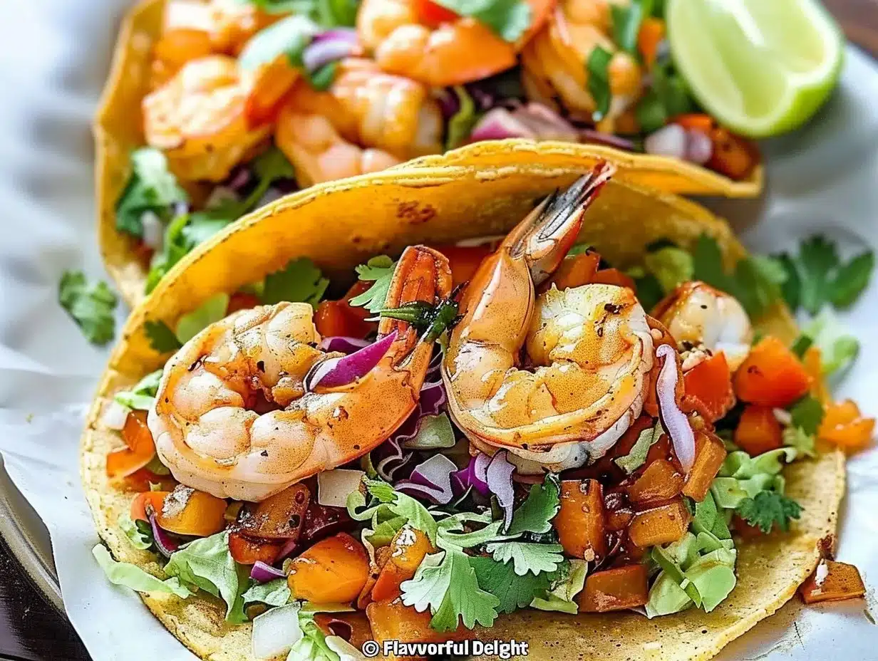 Delicious shrimp tacos topped with fresh ingredients and served in soft tortillas.