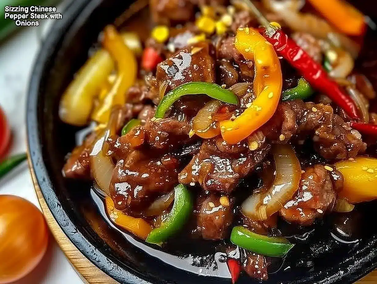 Sizzling Chinese Pepper Steak with Onions 1 Sizzling Chinese pepper steak with onions served on a plate.