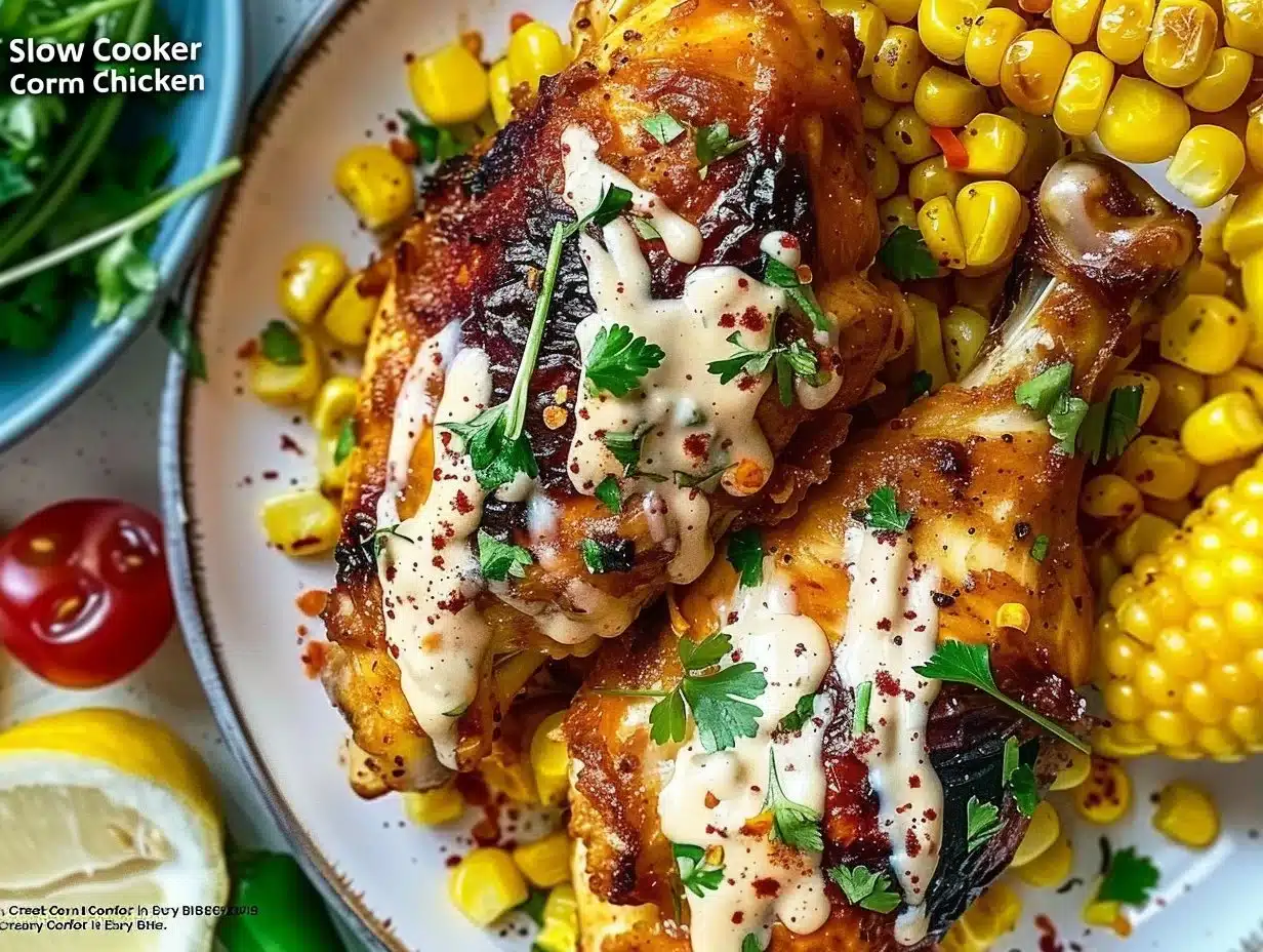 Slow Cooker Street Corn Chicken dish served in a bowl with corn and creamy sauce.