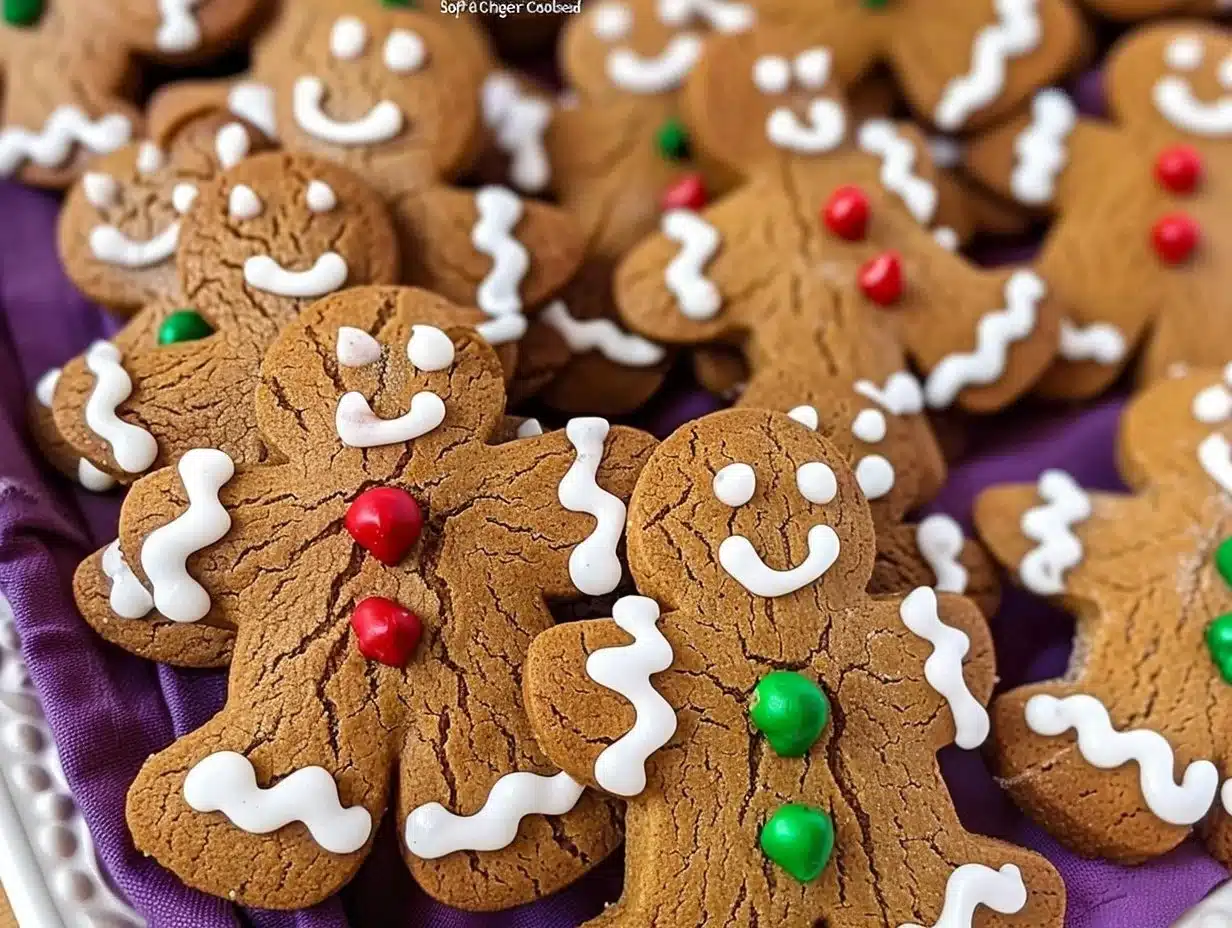 Freshly baked soft and chewy gingerbread men cookies on a cooling rack