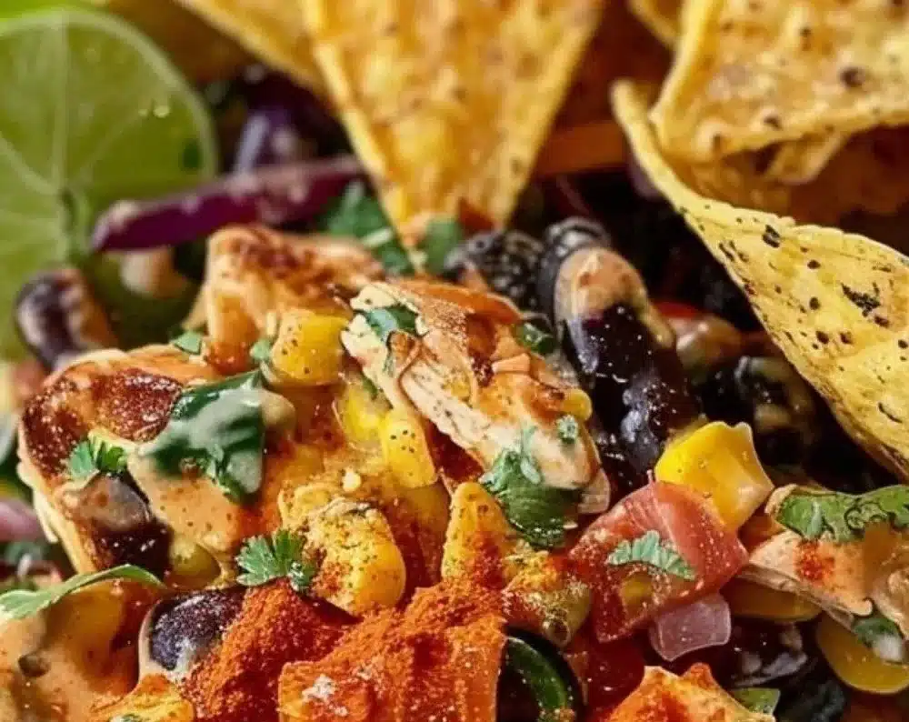 Bowl of Southwestern chicken salad with vibrant vegetables and grilled chicken