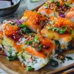Delicious Spicy Salmon Sushi Bake served in a beautiful dish