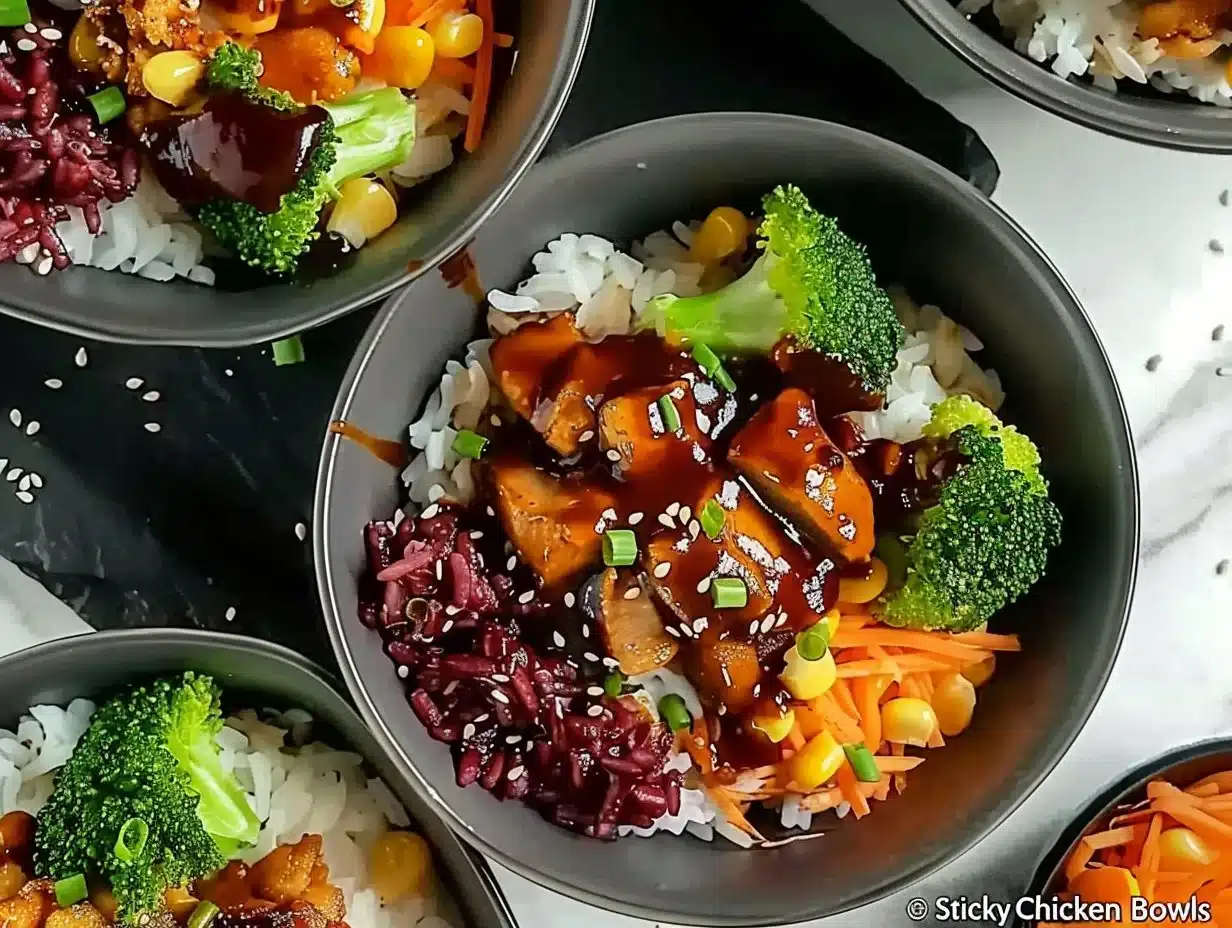 Delicious Sticky Chicken Rice Bowls topped with savory sauce and fresh herbs
