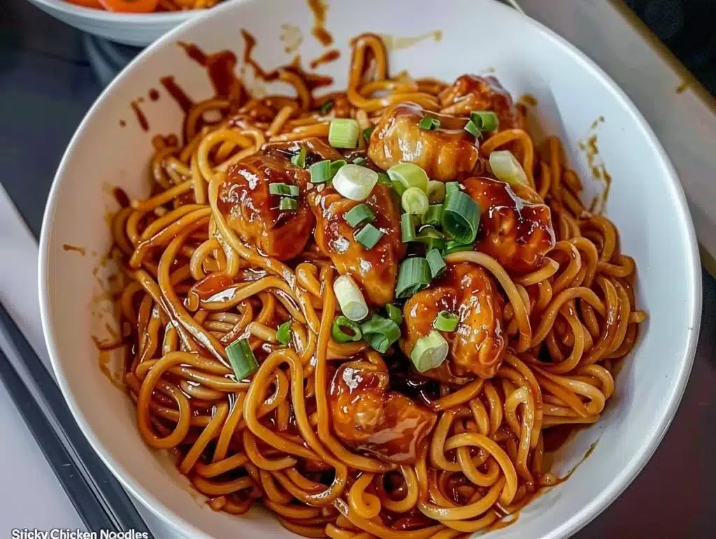 Delicious sticky garlic chicken noodles served in a bowl with herbs and spices