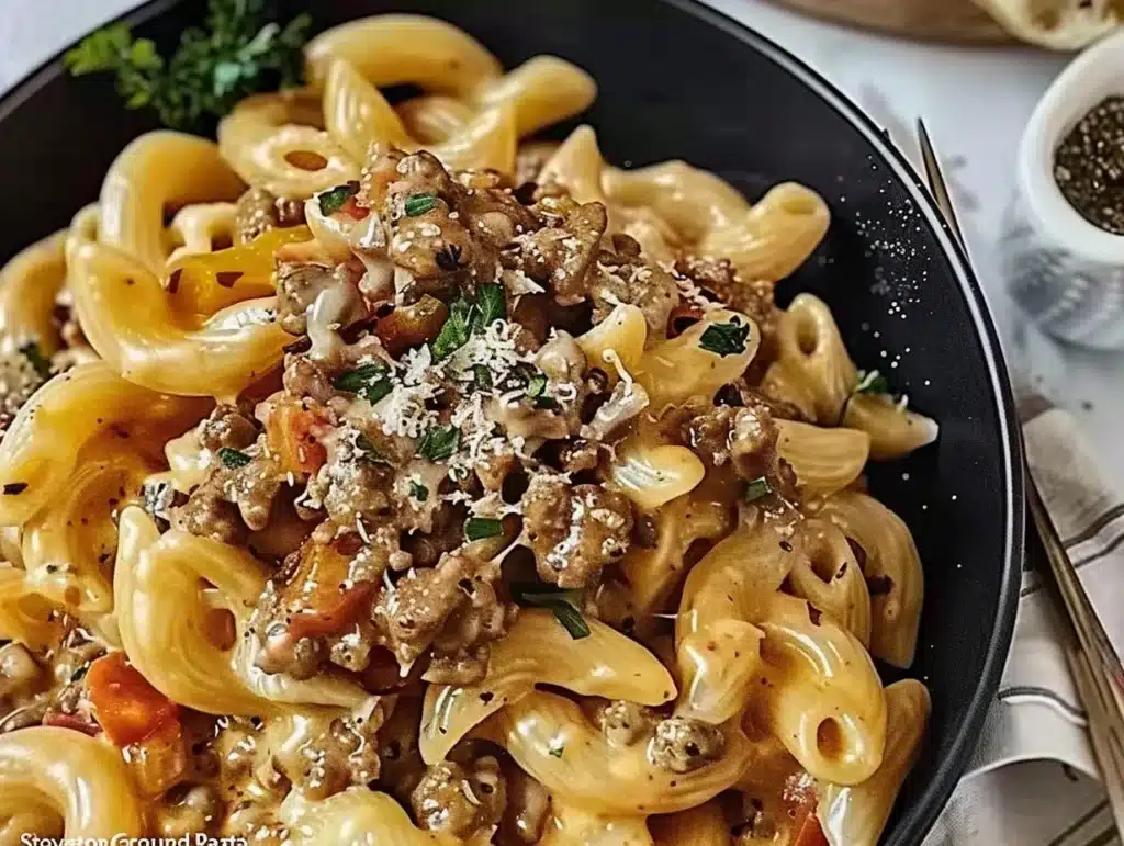 Stovetop creamy ground beef pasta served in a bowl topped with herbs