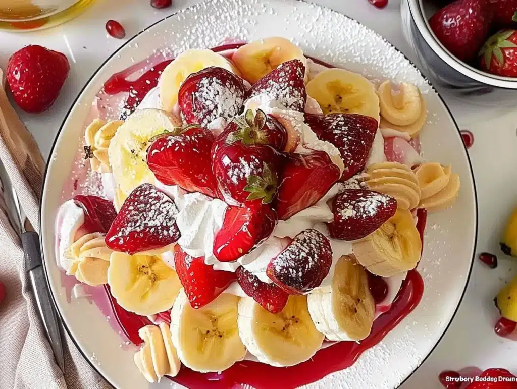 Delicious strawberry banana pudding served in a dessert bowl with fresh fruit toppings.