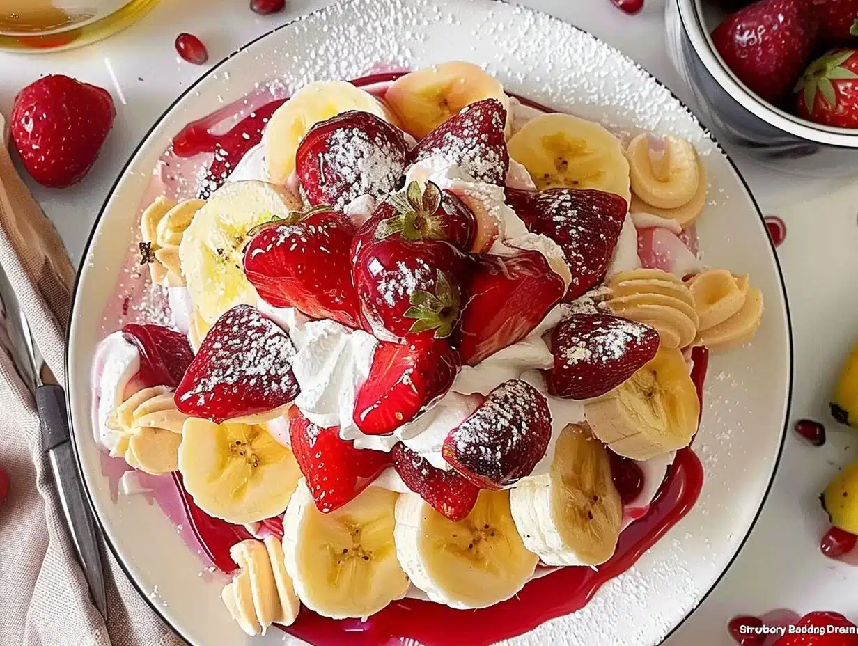 Delicious strawberry banana pudding served in a dessert bowl with fresh fruit toppings.