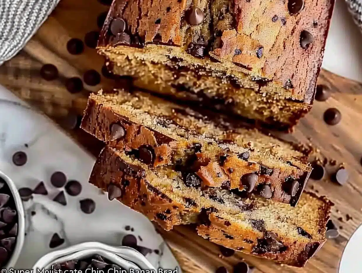 Slice of super moist chocolate chip banana bread on a plate