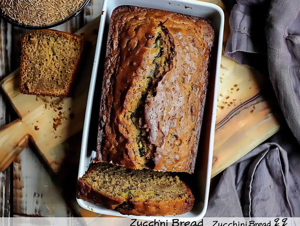 Deliciously moist zucchini bread slice on a wooden cutting board