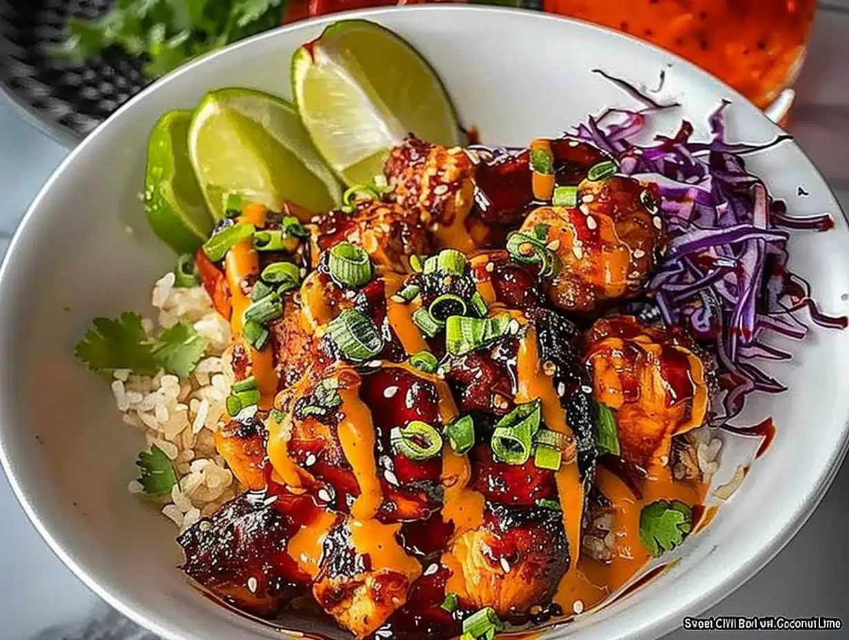 Sweet Chili Chicken Bowl topped with Coconut Lime Drizzle