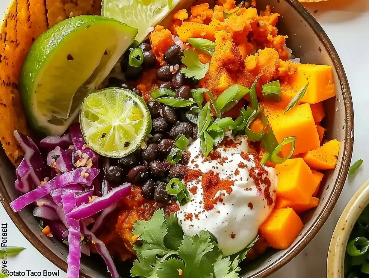 Colorful sweet potato taco bowl garnished with fresh vegetables and avocado.