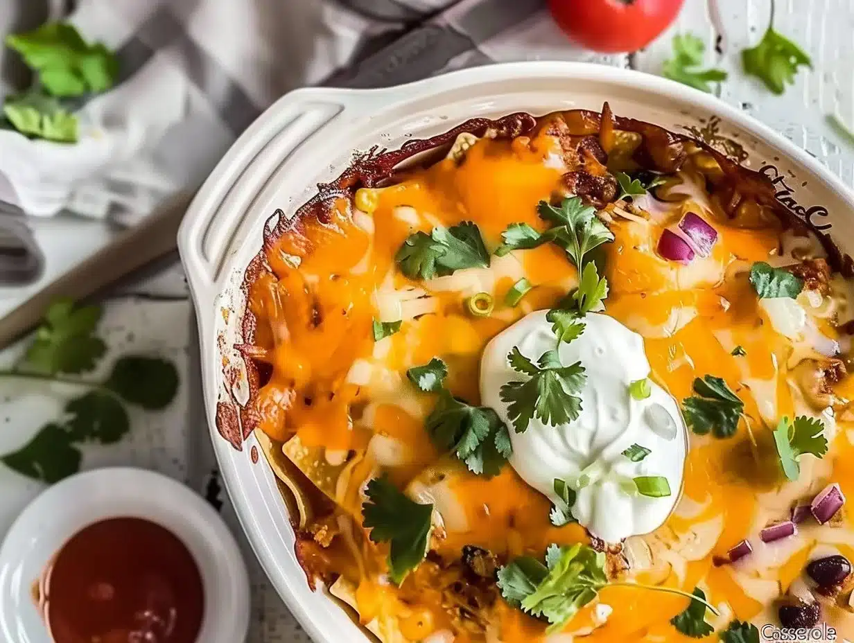 Taco Casserole 1 Delicious Taco Casserole topped with cheese and served in a baking dish